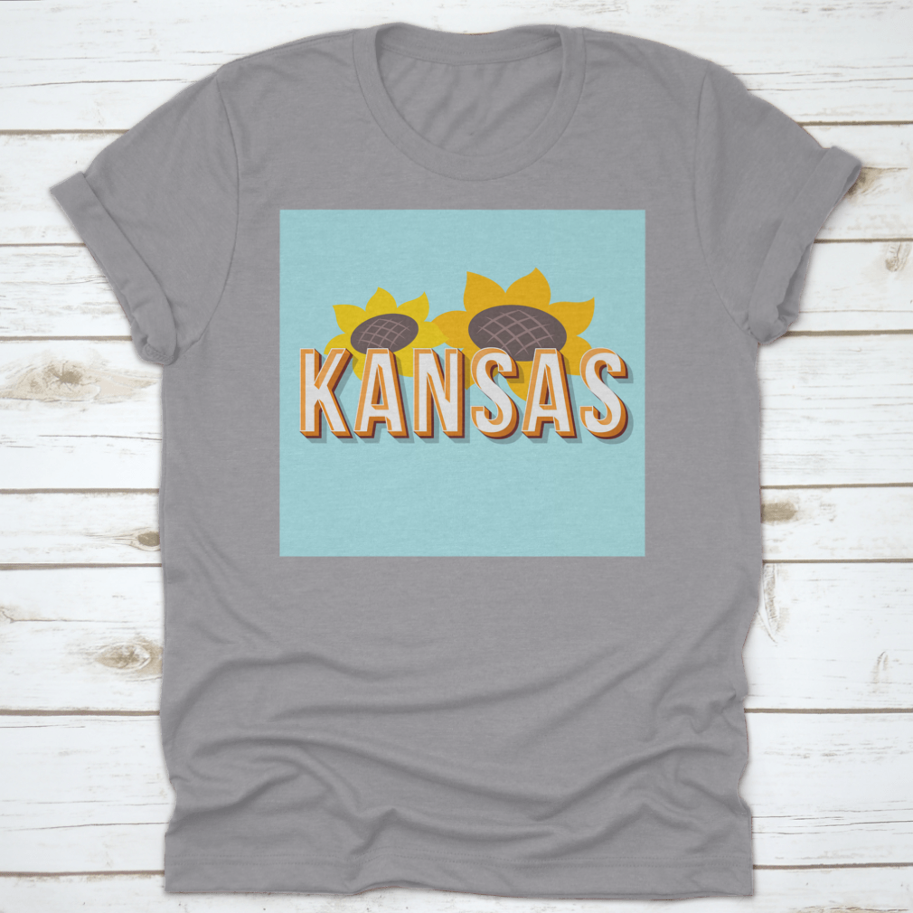 Vintage 3D Lettering T-shirt featuring Kansas design with sunflower element, showcasing a classic fit and high-quality fabric.