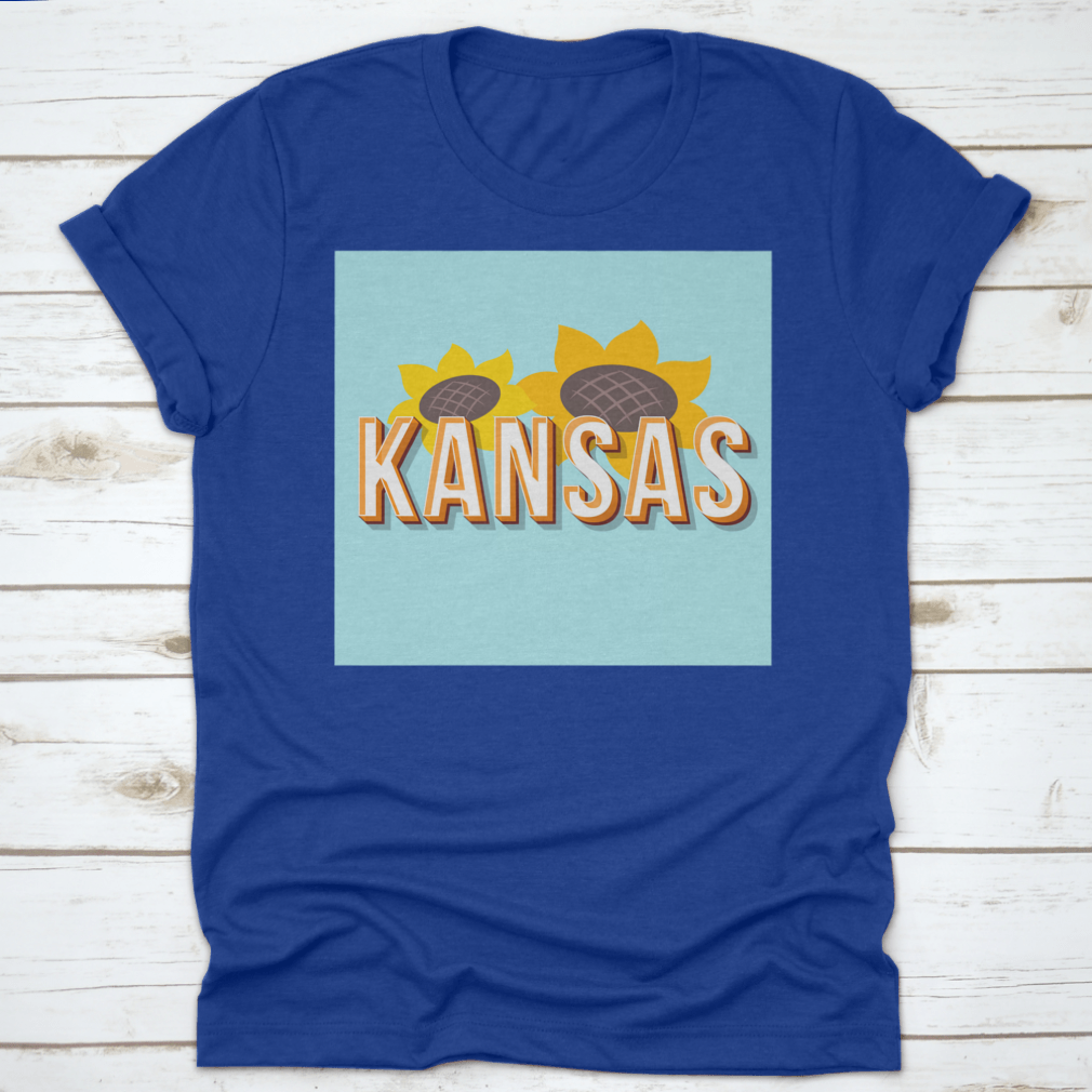 Vintage 3D Lettering T-shirt featuring Kansas design with sunflower element, showcasing a classic fit and high-quality fabric.