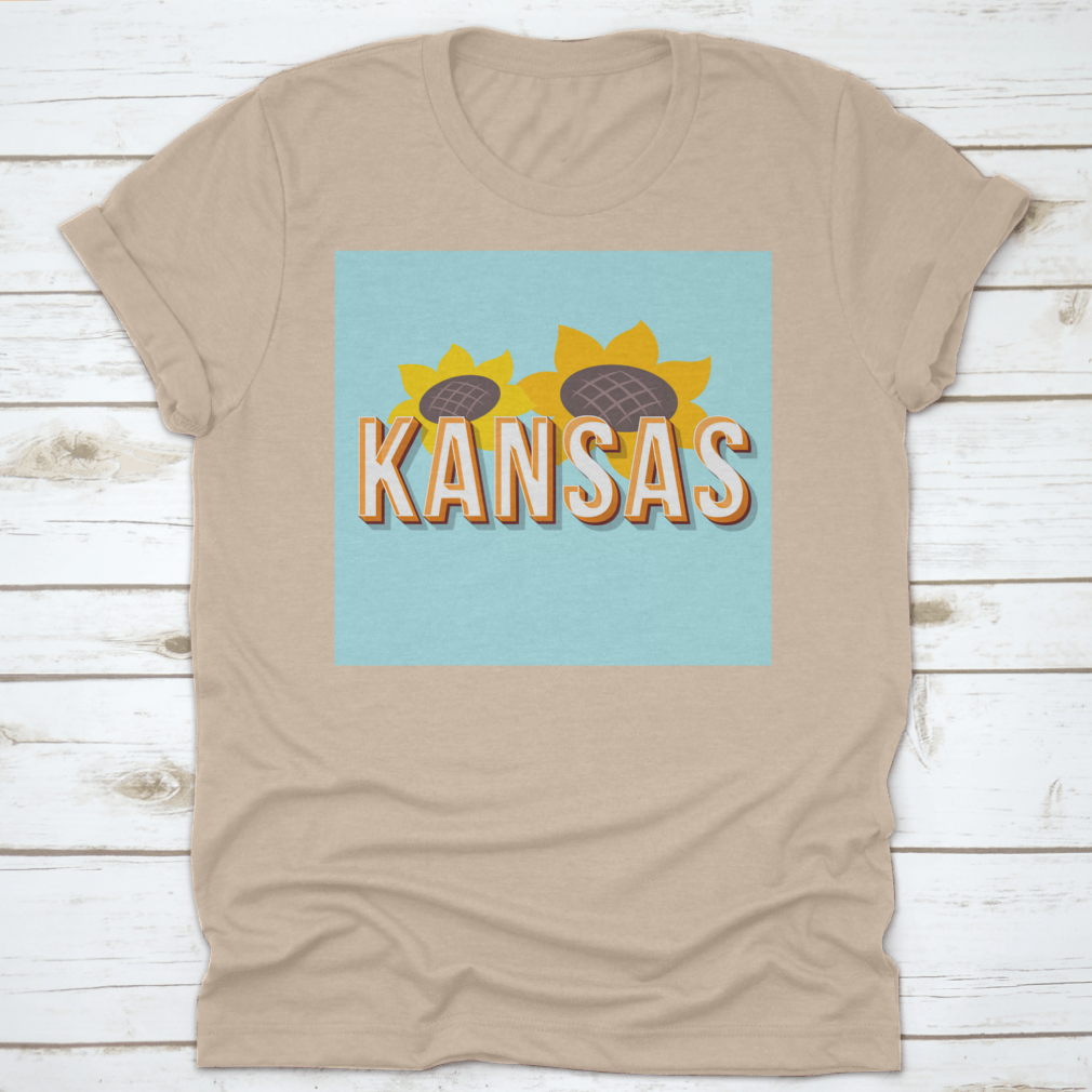 Vintage 3D Lettering T-shirt featuring Kansas design with sunflower element, showcasing a classic fit and high-quality fabric.