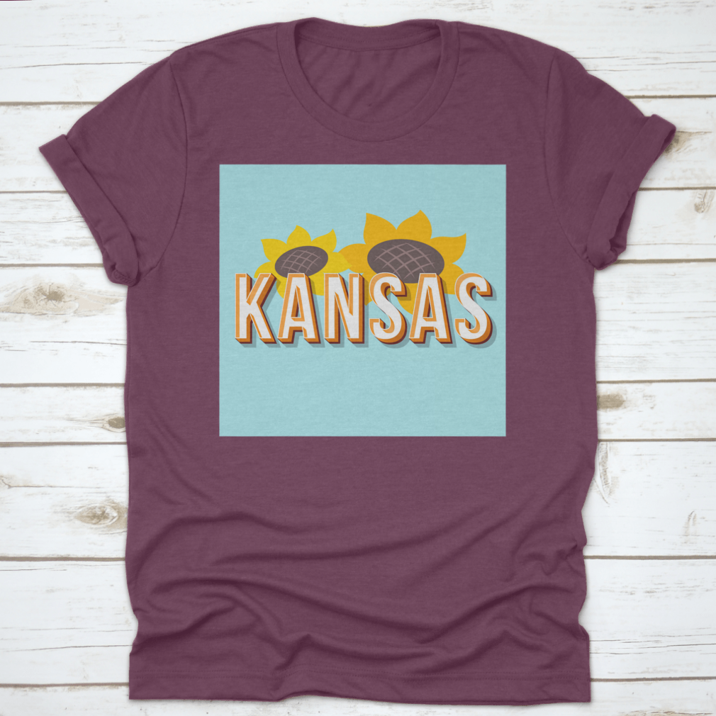 Vintage 3D Lettering T-shirt featuring Kansas design with sunflower element, showcasing a classic fit and high-quality fabric.