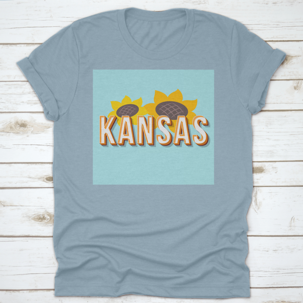 Vintage 3D Lettering T-shirt featuring Kansas design with sunflower element, showcasing a classic fit and high-quality fabric.