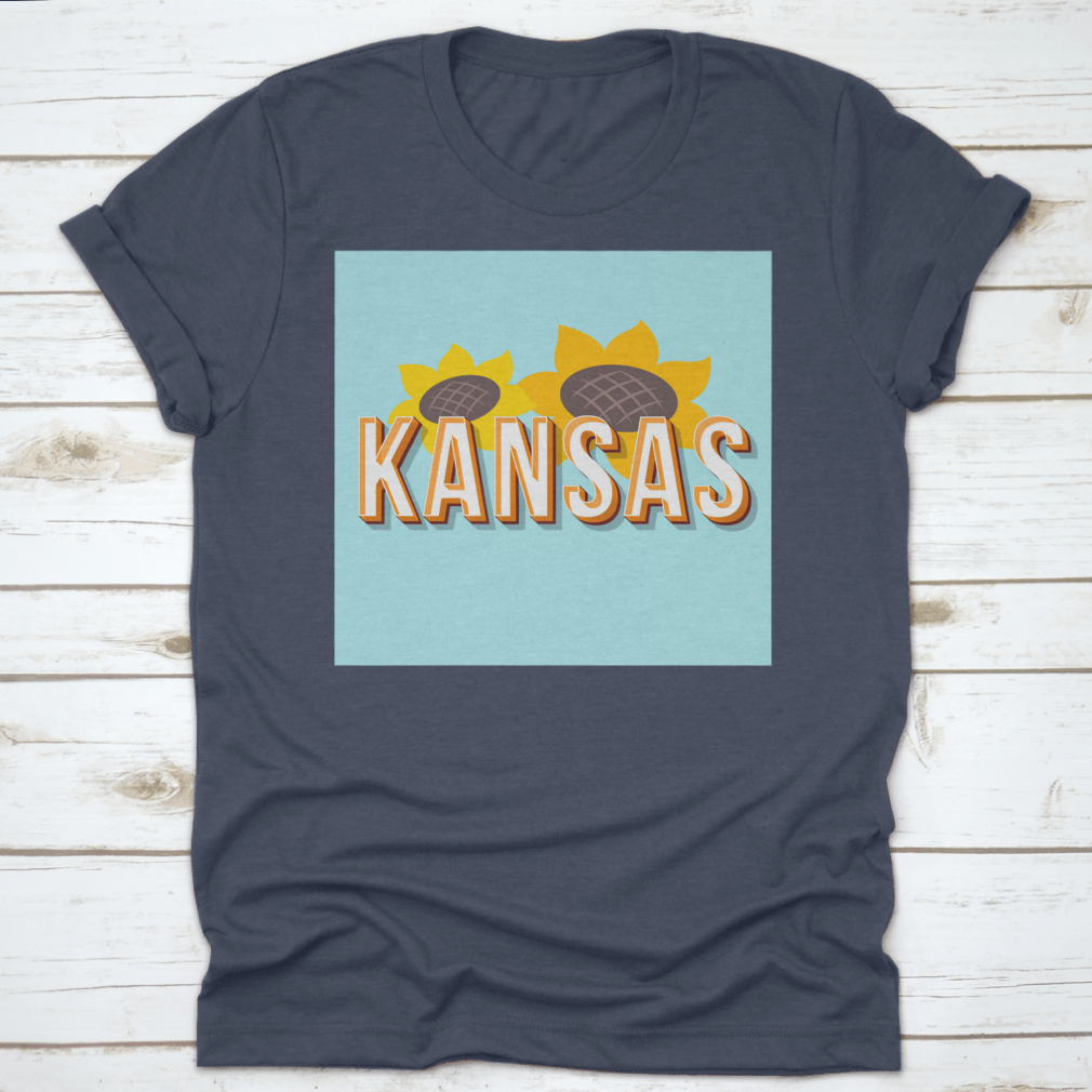 Vintage 3D Lettering T-shirt featuring Kansas design with sunflower element, showcasing a classic fit and high-quality fabric.
