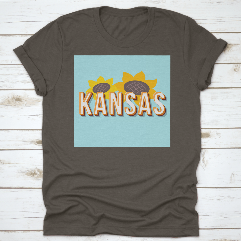 Vintage 3D Lettering T-shirt featuring Kansas design with sunflower element, showcasing a classic fit and high-quality fabric.