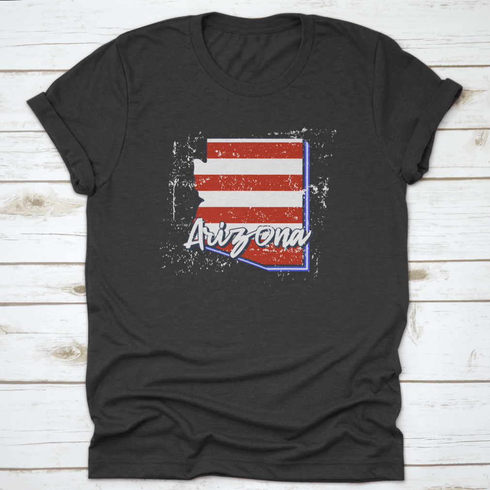 Vintage American National Flag design featuring the outline of Arizona in a grunge style, showcasing patriotism and state pride.