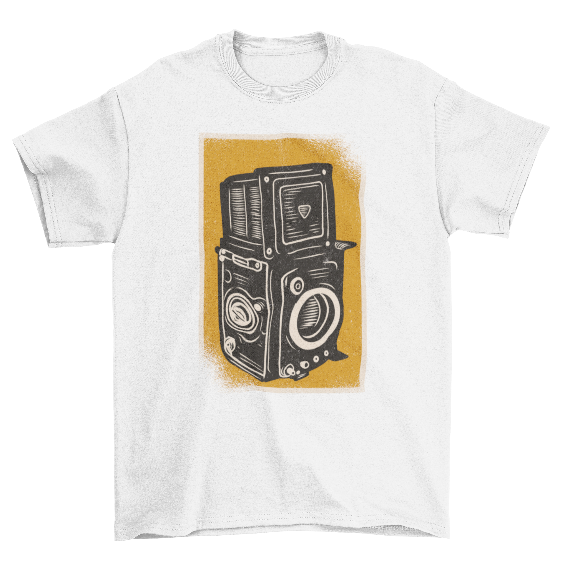 Vintage Black & White Camera T-Shirt featuring a retro film camera design, perfect for photography enthusiasts.