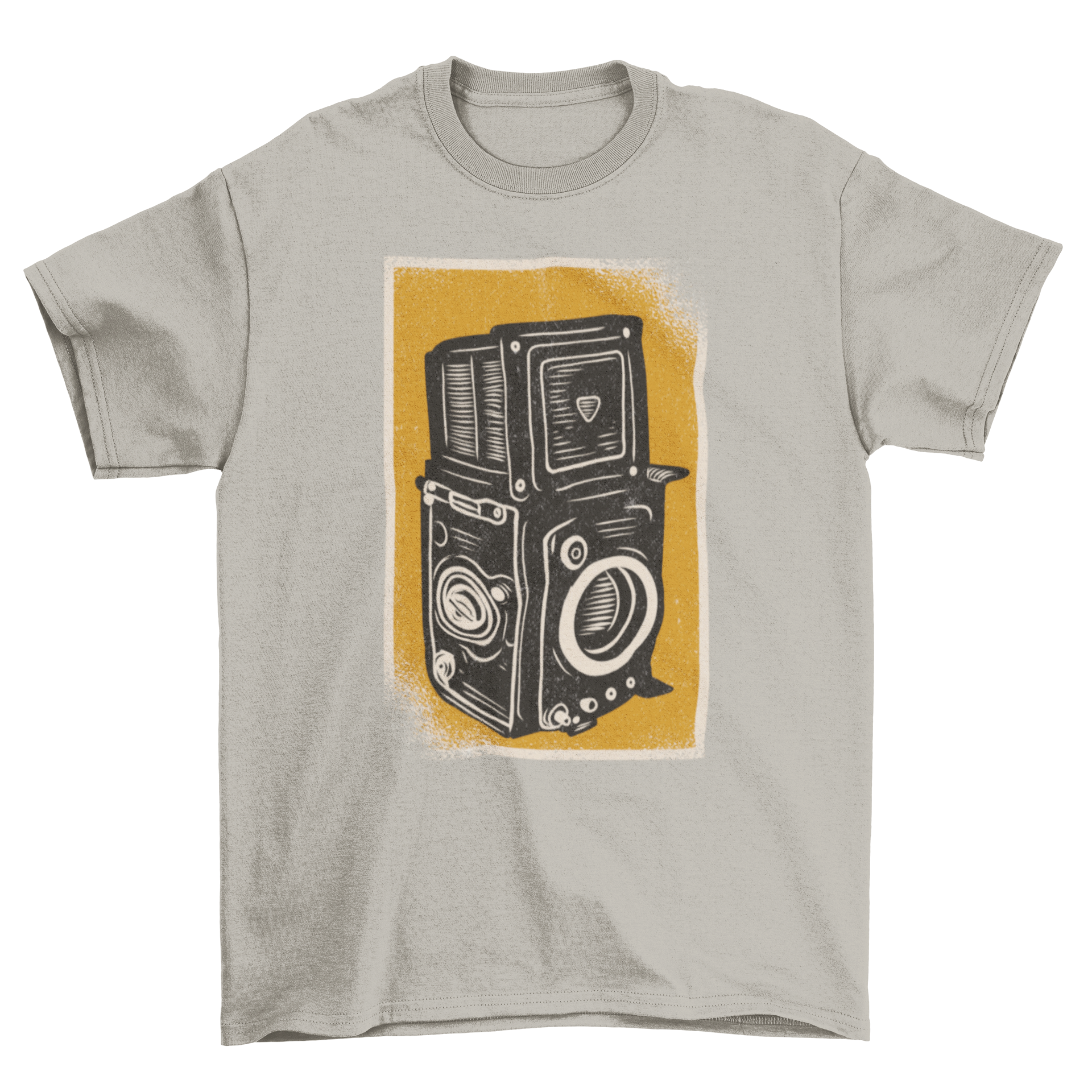 Vintage Black & White Camera T-Shirt featuring a retro film camera design, perfect for photography enthusiasts.