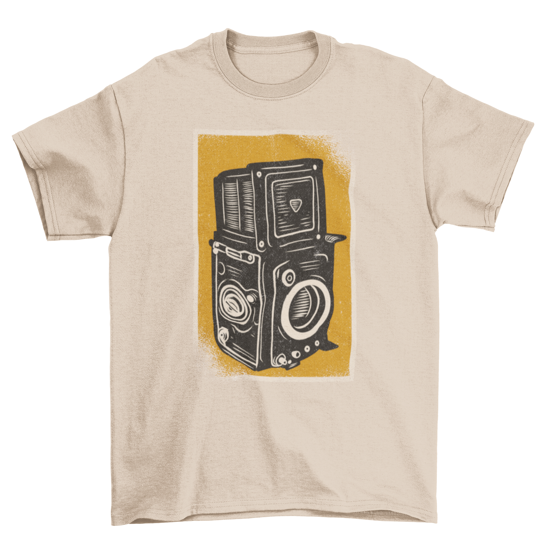 Vintage Black & White Camera T-Shirt featuring a retro film camera design, perfect for photography enthusiasts.