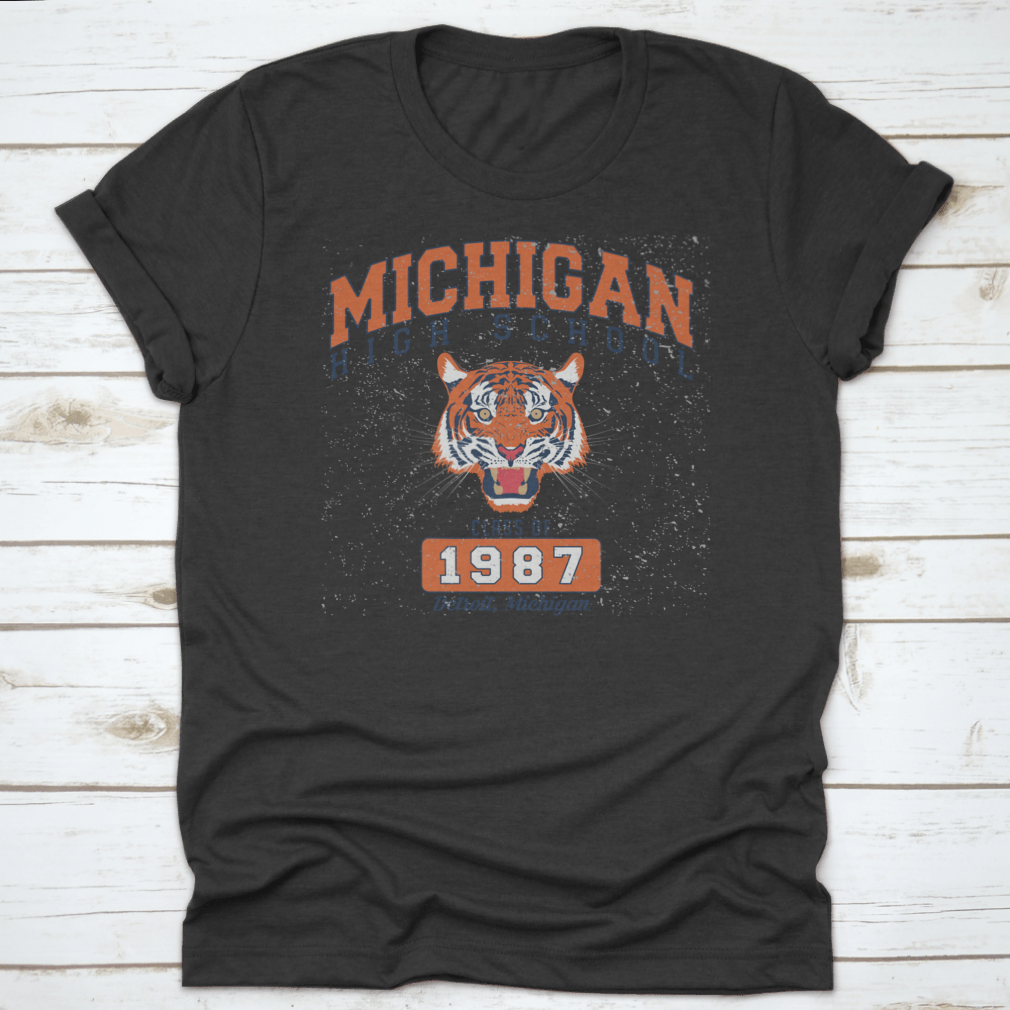 Vintage College Varsity Michigan High School Slogan Print featuring a fierce tiger design on a comfortable cotton fabric.