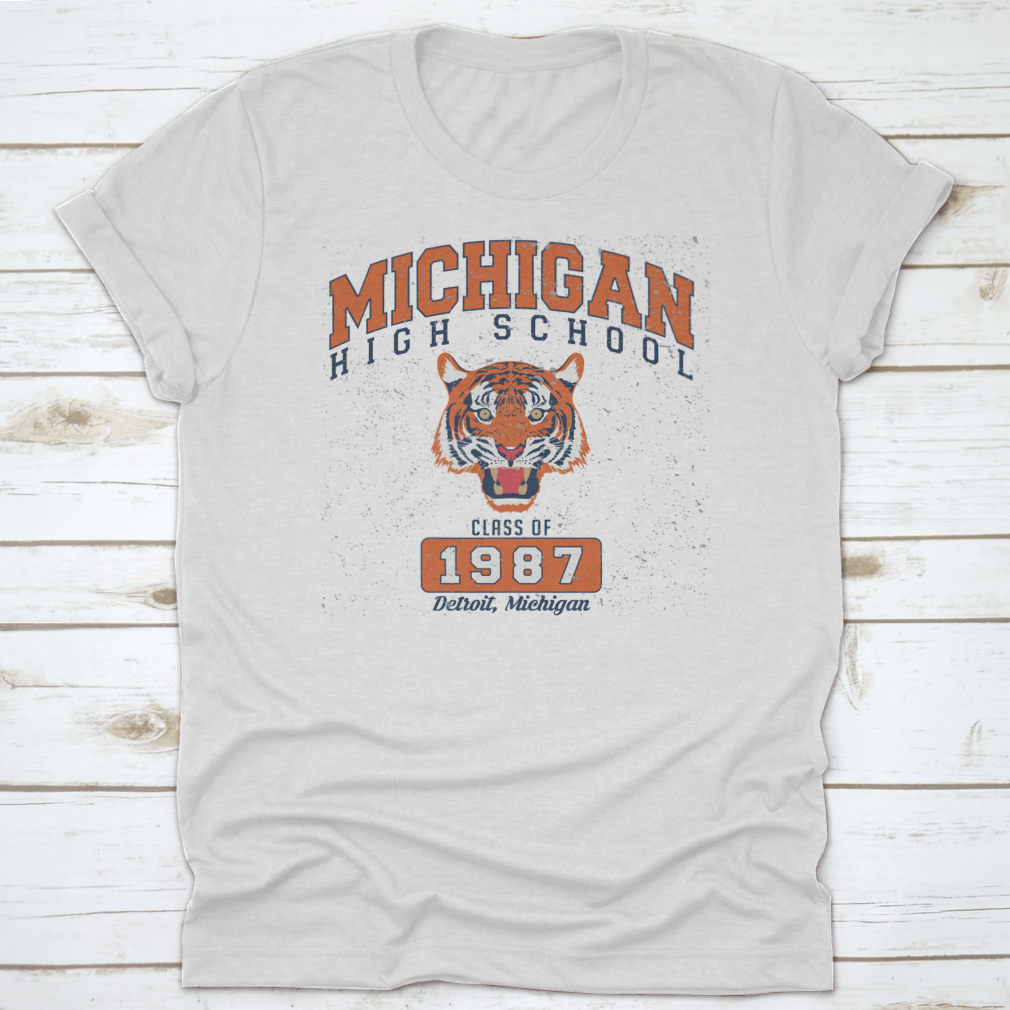 Vintage College Varsity Michigan High School Slogan Print featuring a fierce tiger design on a comfortable cotton fabric.