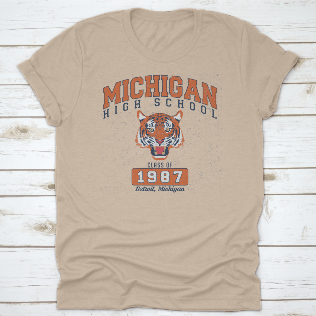 Vintage College Varsity Michigan High School Slogan Print featuring a fierce tiger design on a comfortable cotton fabric.