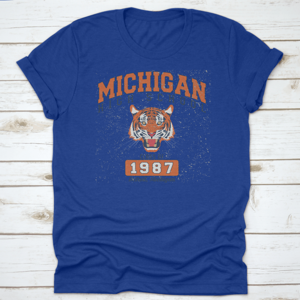 Vintage College Varsity Michigan High School Slogan Print featuring a fierce tiger design on a comfortable cotton fabric.