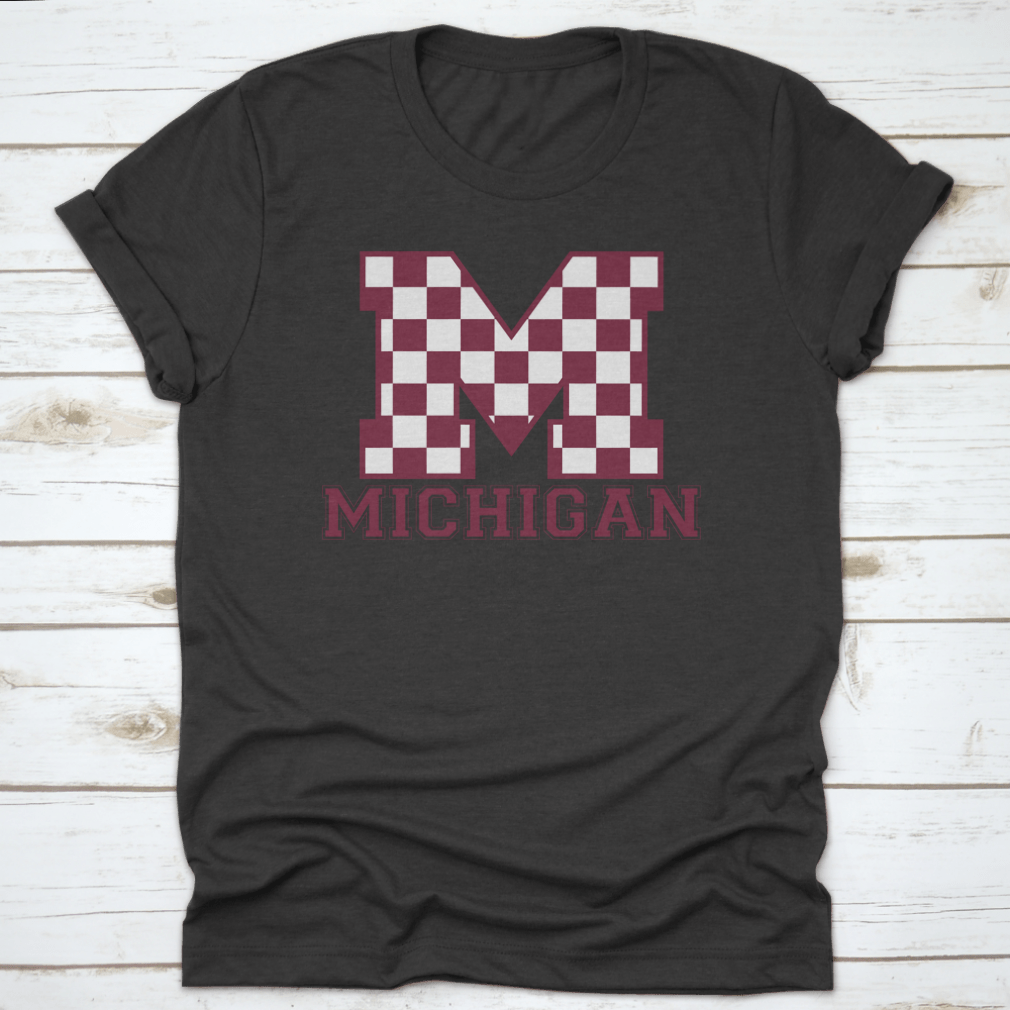 Vintage College Varsity Michigan State Slogan T-shirt featuring checkered letters, made from soft cotton.