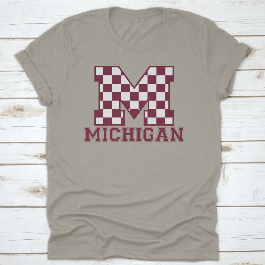 Vintage College Varsity Michigan State Slogan T-shirt featuring checkered letters, made from soft cotton.
