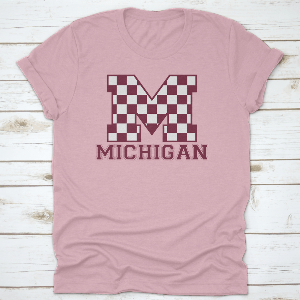 Vintage College Varsity Michigan State Slogan T-shirt featuring checkered letters, made from soft cotton.