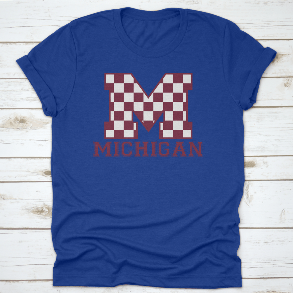 Vintage College Varsity Michigan State Slogan T-shirt featuring checkered letters, made from soft cotton.