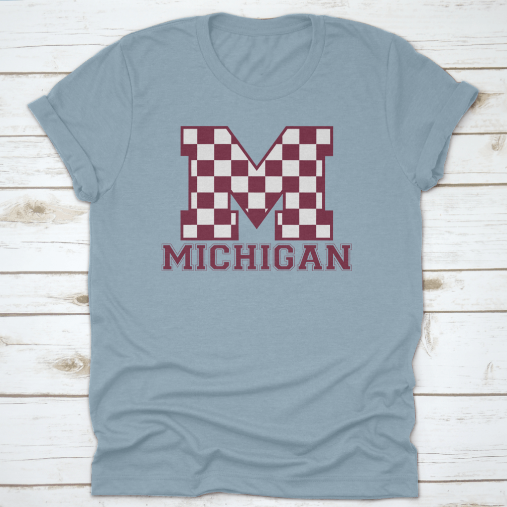 Vintage College Varsity Michigan State Slogan T-shirt featuring checkered letters, made from soft cotton.