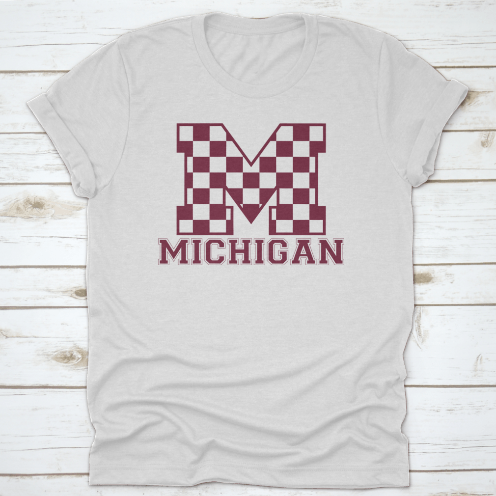 Vintage College Varsity Michigan State Slogan T-shirt featuring checkered letters, made from soft cotton.