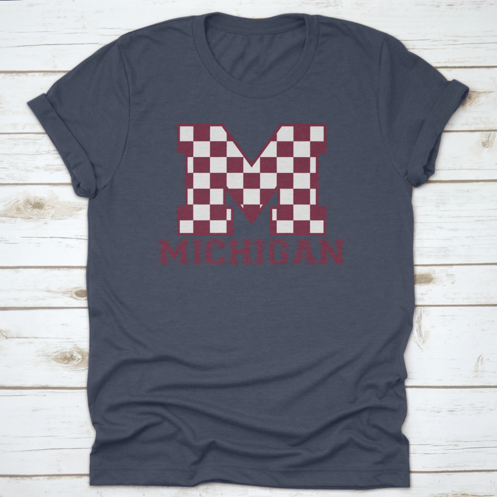 Vintage College Varsity Michigan State Slogan T-shirt featuring checkered letters, made from soft cotton.