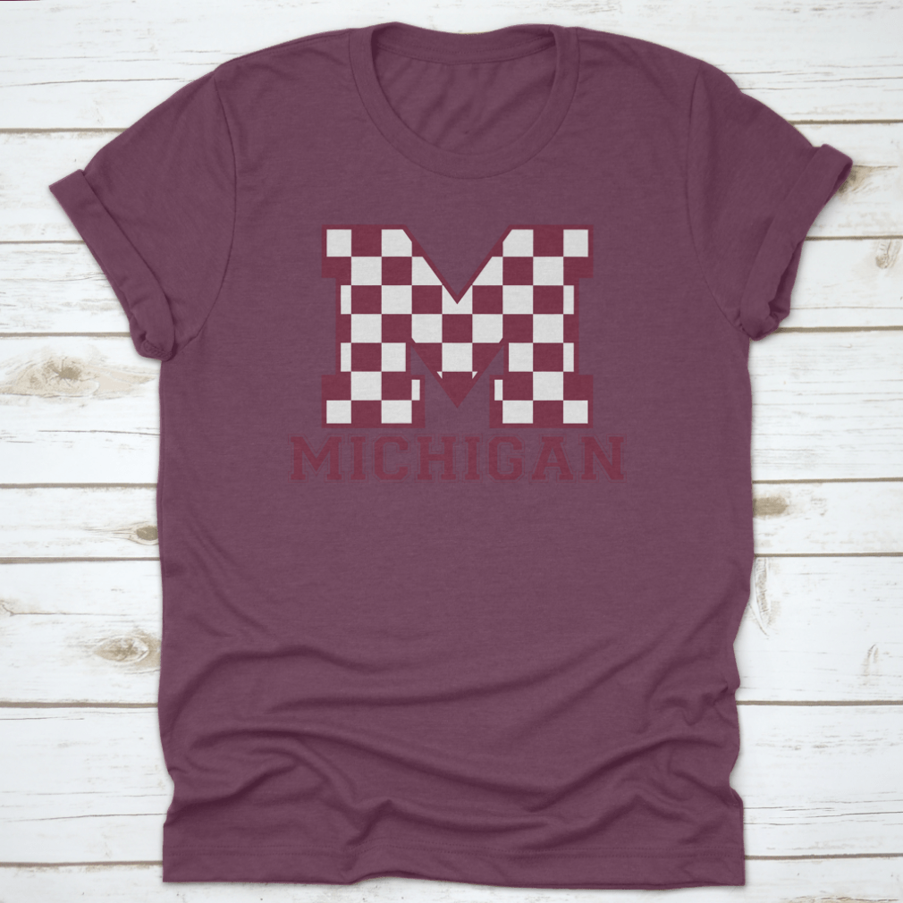 Vintage College Varsity Michigan State Slogan T-shirt featuring checkered letters, made from soft cotton.