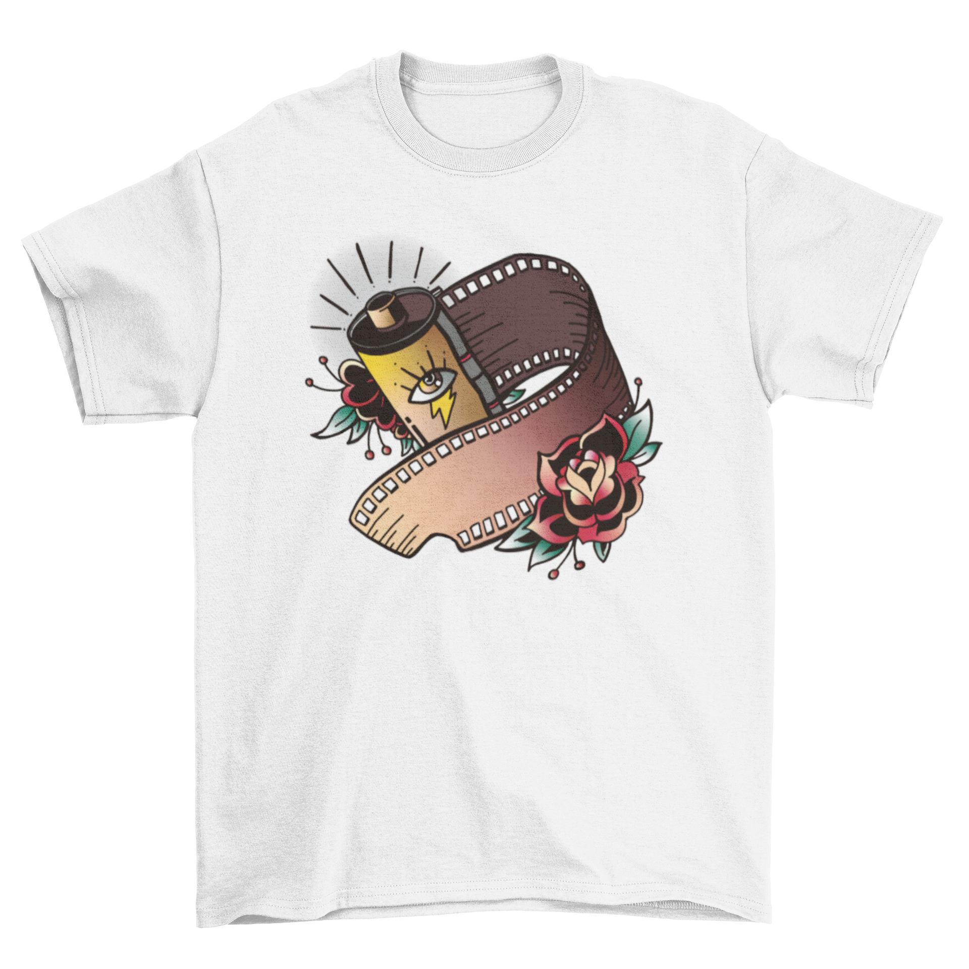 Vintage filmstrip t-shirt featuring an eye and red roses design, showcasing retro style and artistic flair.