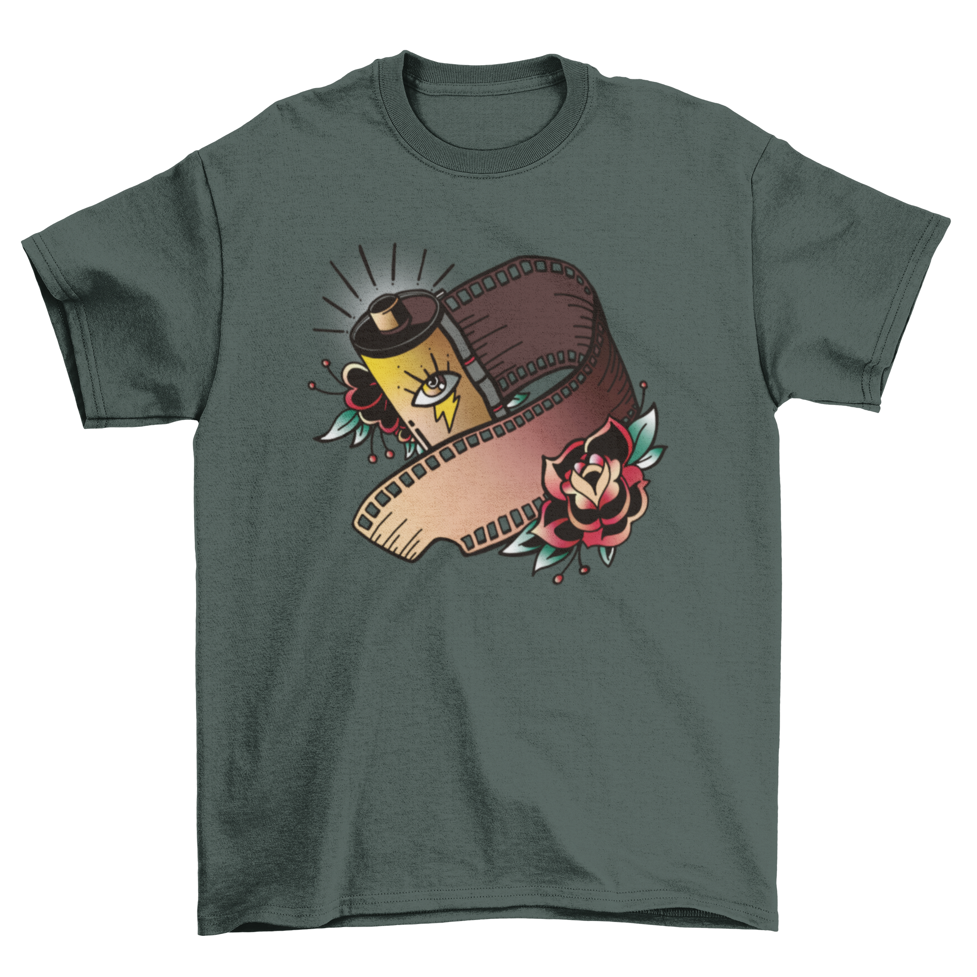Vintage filmstrip t-shirt featuring an eye and red roses design, showcasing retro style and artistic flair.