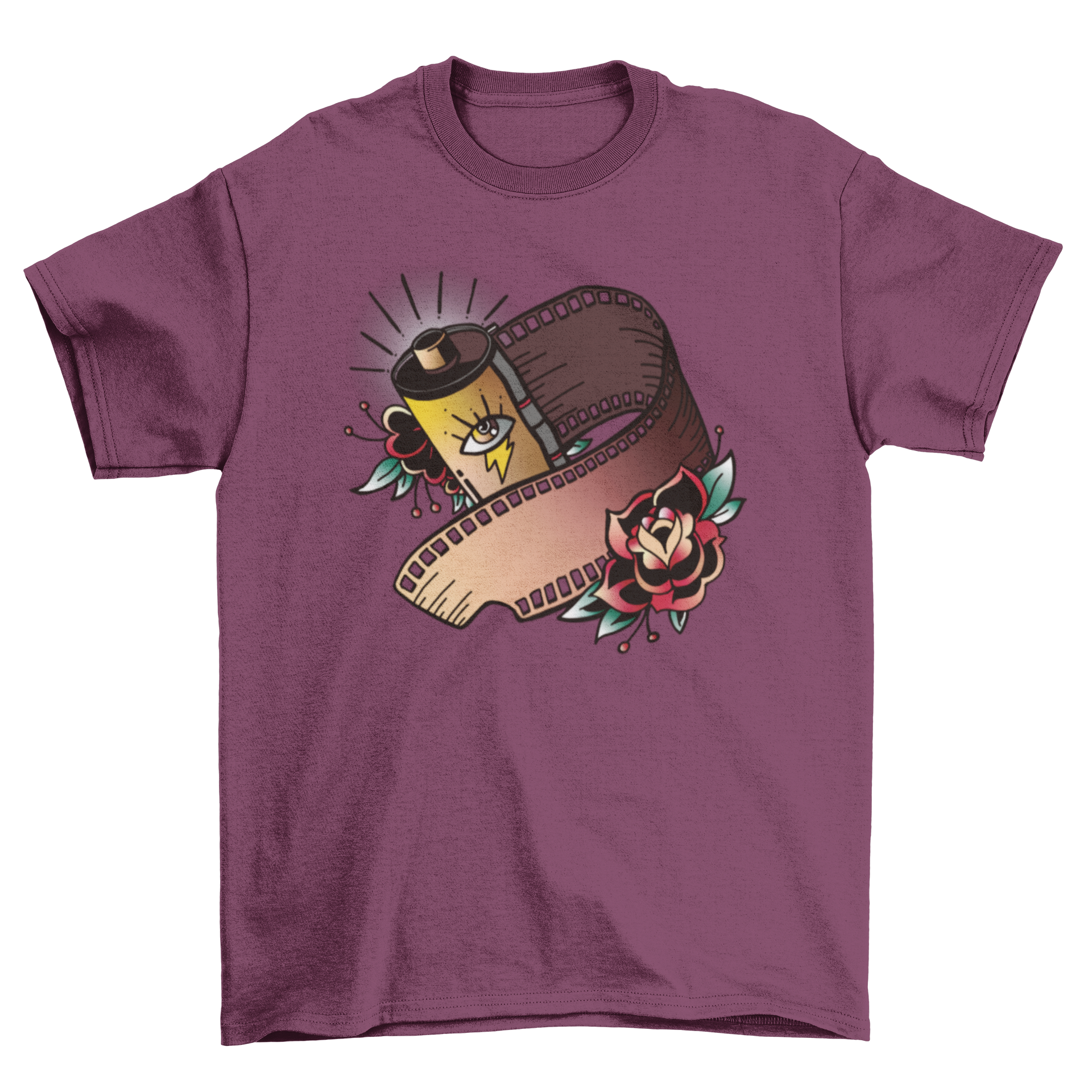 Vintage filmstrip t-shirt featuring an eye and red roses design, showcasing retro style and artistic flair.