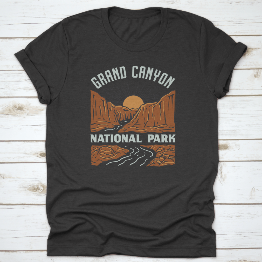 Vintage illustration design of the Grand Canyon on a comfortable cotton t-shirt, showcasing vibrant colors and artistic details.