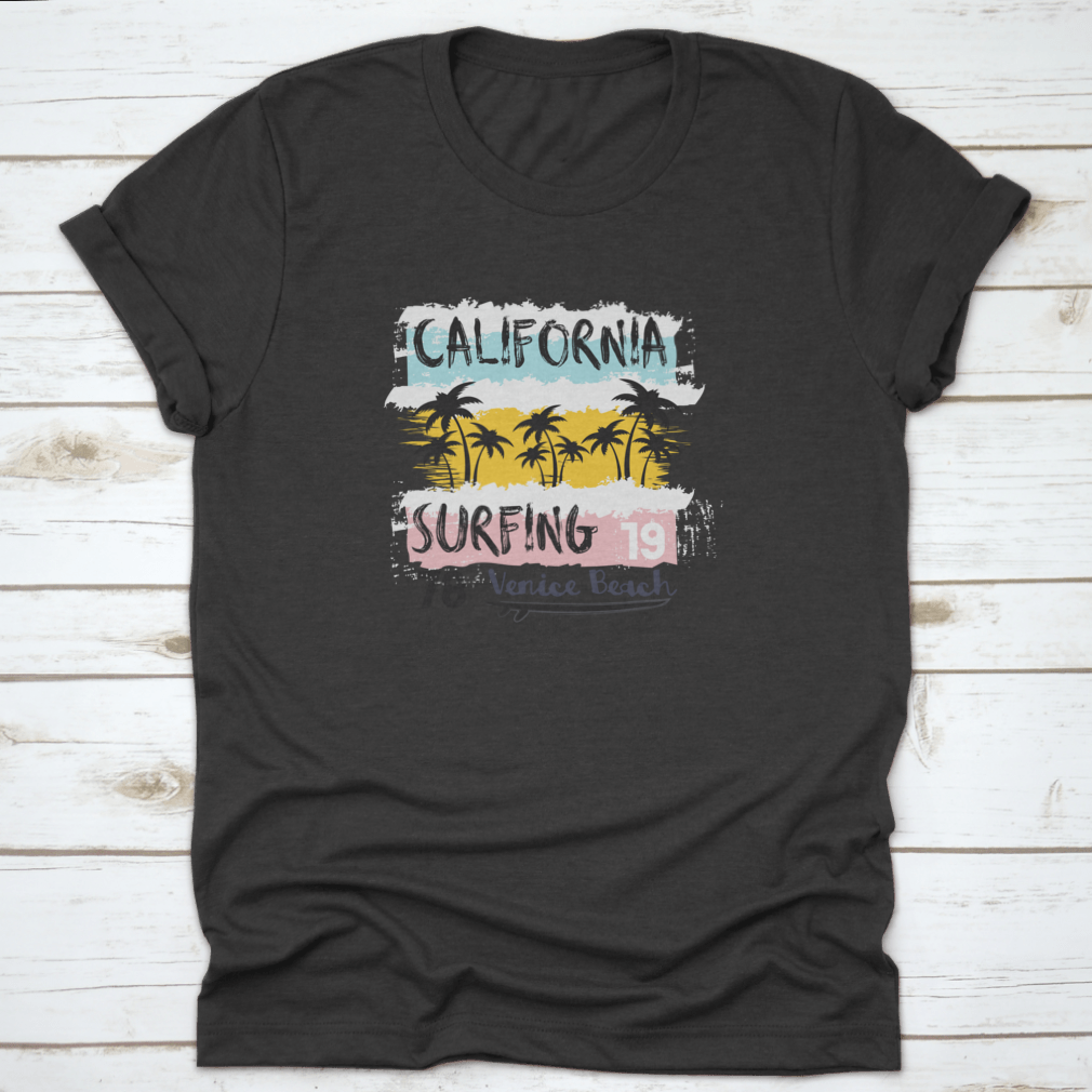 Vintage Grunge Design T-Shirt featuring a surfing theme, showcasing vibrant colors and a classic fit, perfect for casual wear.