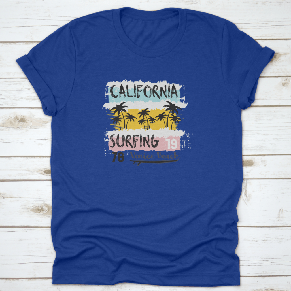 Vintage Grunge Design T-Shirt featuring a surfing theme, showcasing vibrant colors and a classic fit, perfect for casual wear.