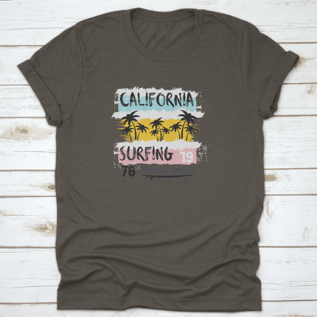 Vintage Grunge Design T-Shirt featuring a surfing theme, showcasing vibrant colors and a classic fit, perfect for casual wear.