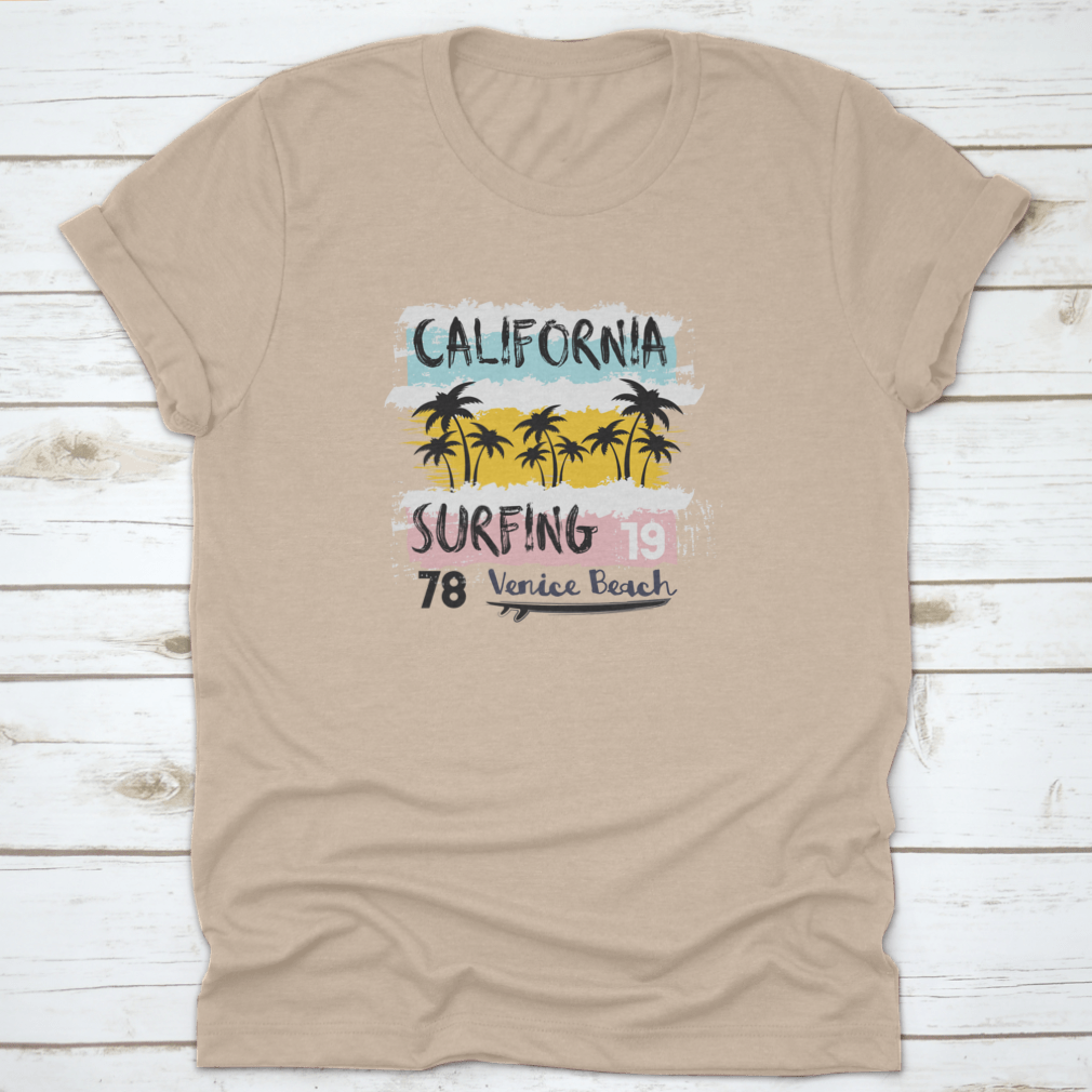 Vintage Grunge Design T-Shirt featuring a surfing theme, showcasing vibrant colors and a classic fit, perfect for casual wear.