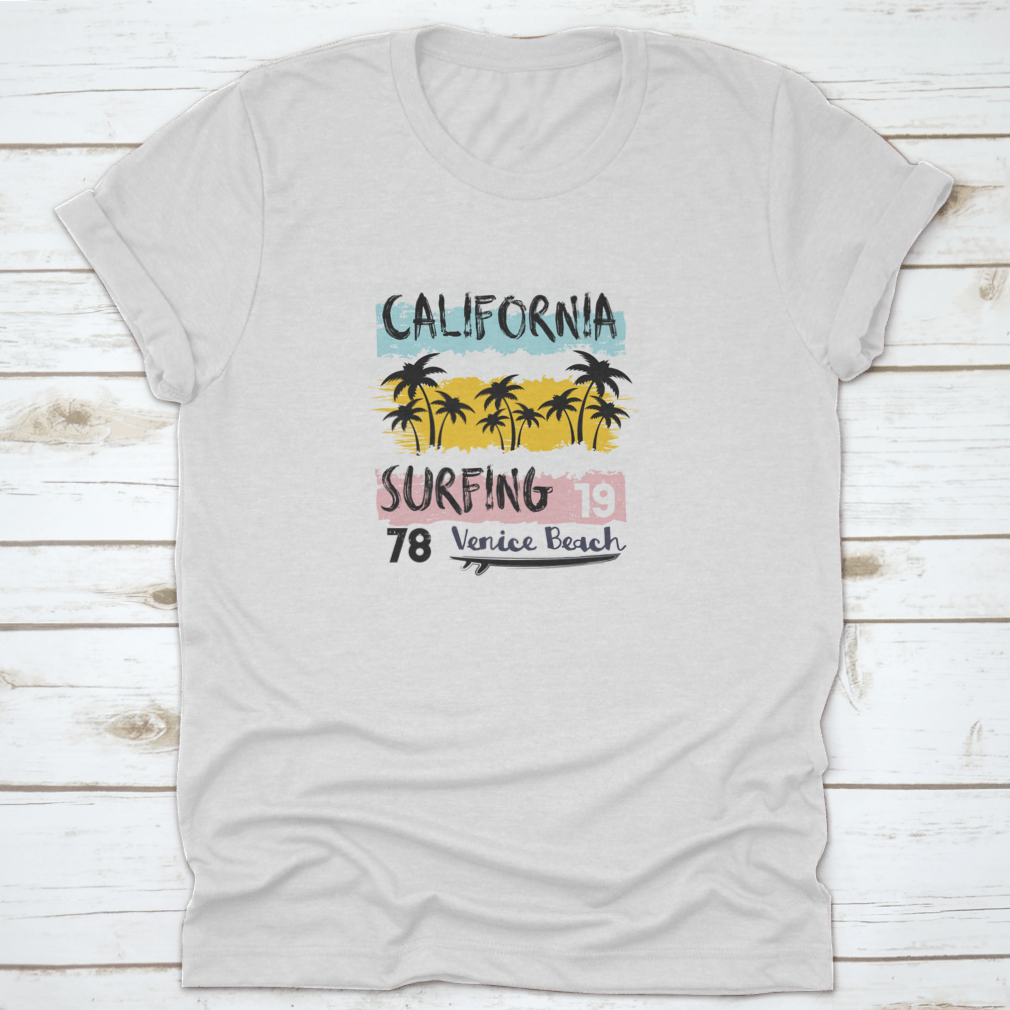 Vintage Grunge Design T-Shirt featuring a surfing theme, showcasing vibrant colors and a classic fit, perfect for casual wear.