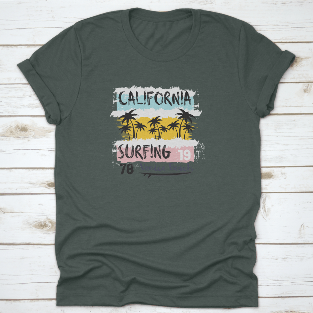 Vintage Grunge Design T-Shirt featuring a surfing theme, showcasing vibrant colors and a classic fit, perfect for casual wear.