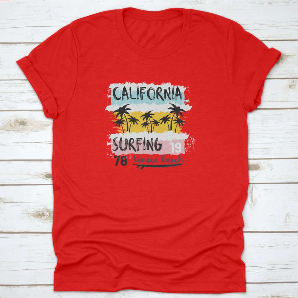 Vintage Grunge Design T-Shirt featuring a surfing theme, showcasing vibrant colors and a classic fit, perfect for casual wear.