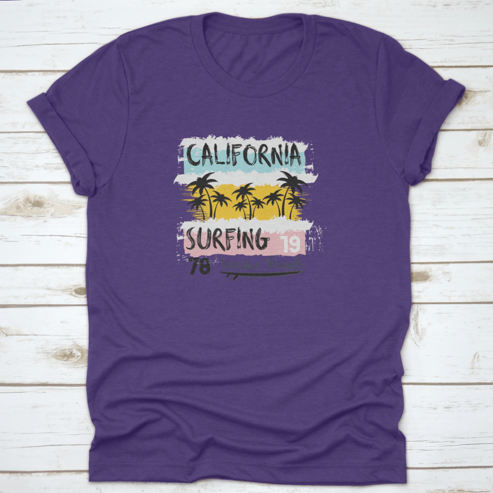 Vintage Grunge Design T-Shirt featuring a surfing theme, showcasing vibrant colors and a classic fit, perfect for casual wear.