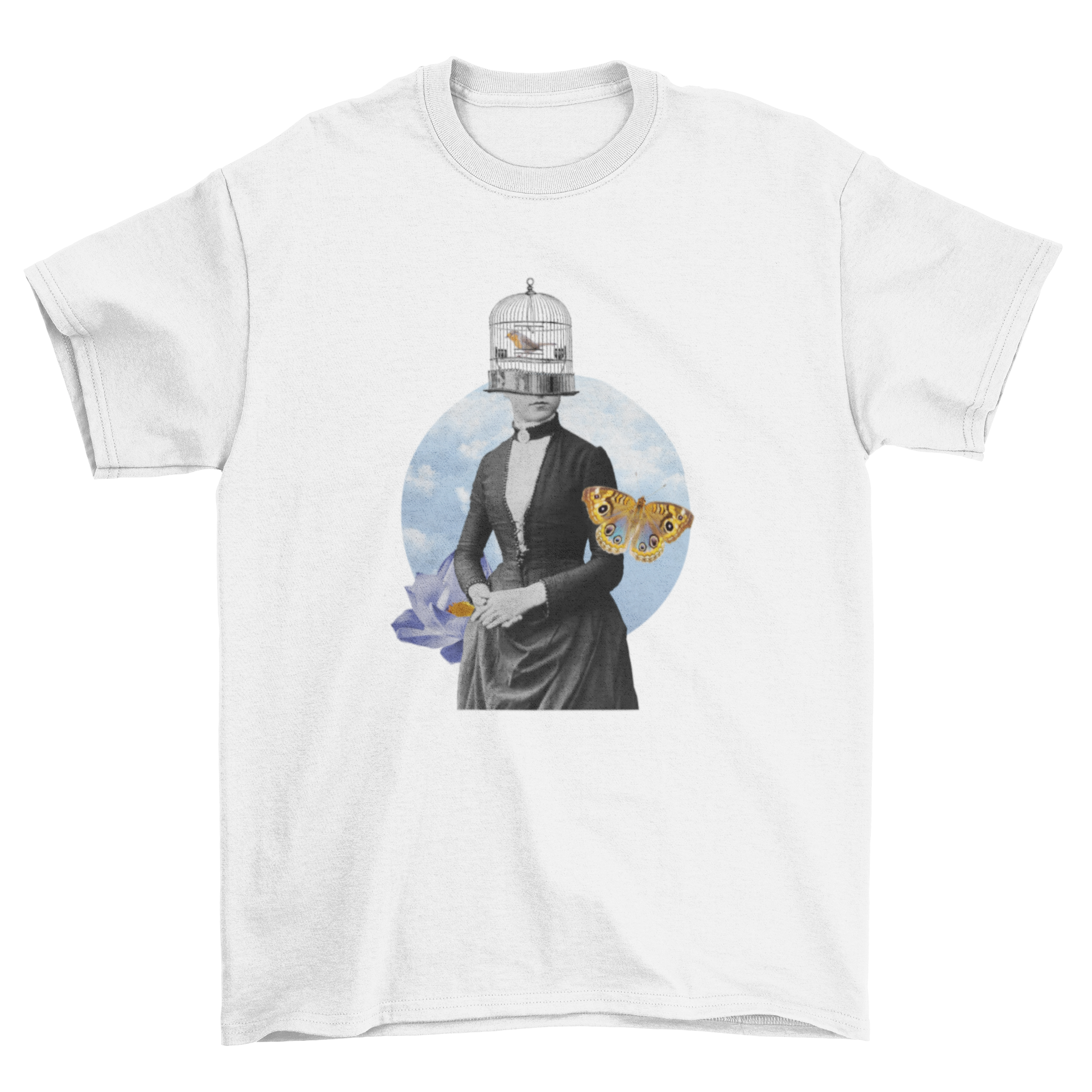 Vintage lady t-shirt design featuring a birdcage and animal elements in a photographic collage style.