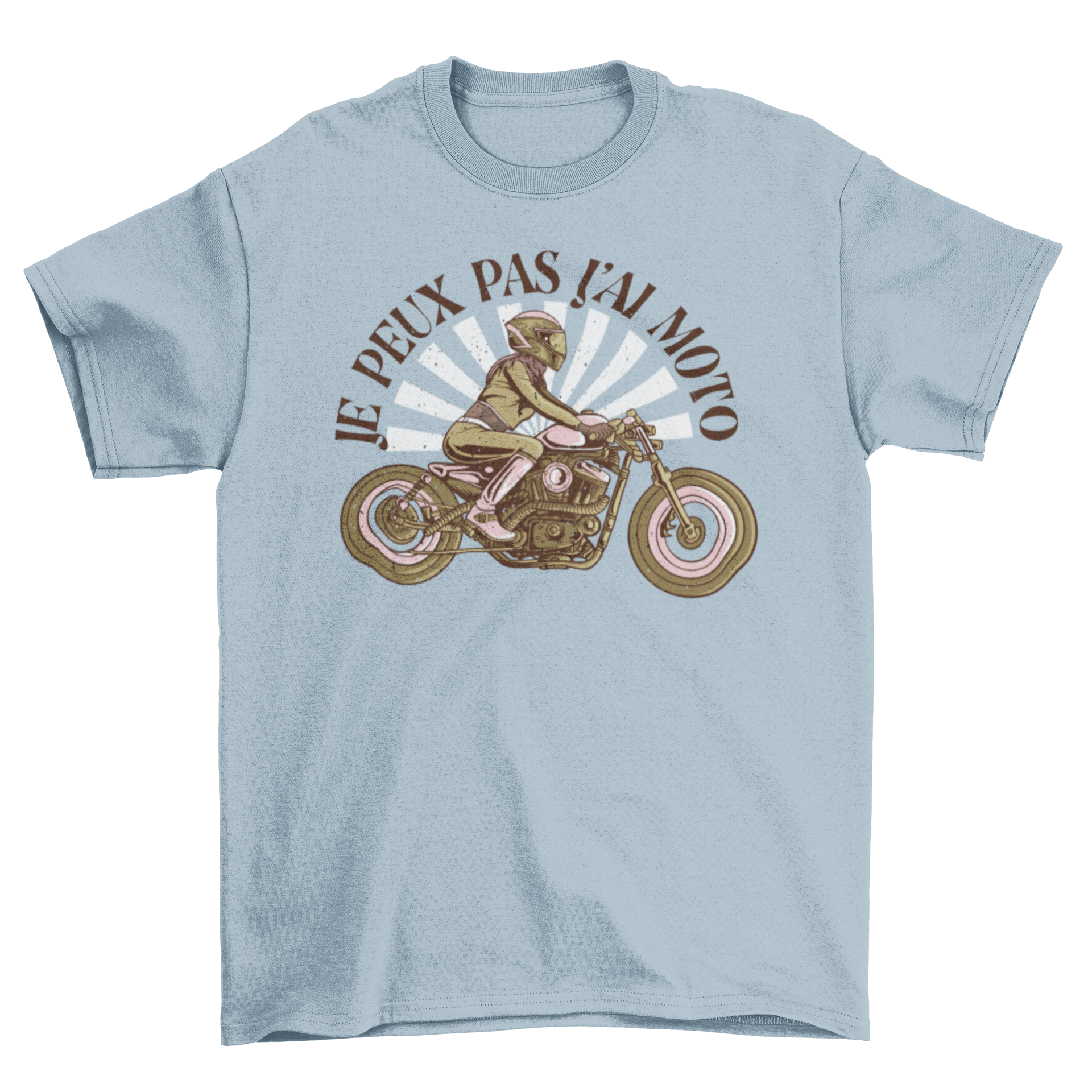 Vintage motorcycle t-shirt featuring a motorcyclist and a French quote about riding.
