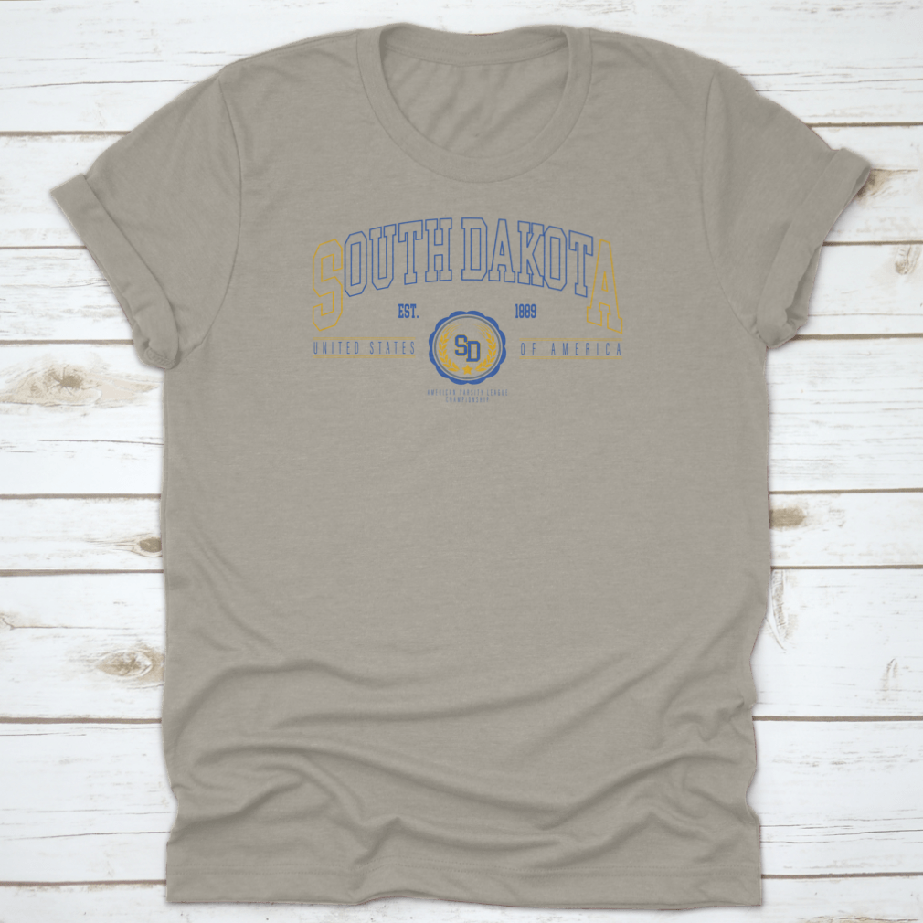 Vintage Retro Varsity South Dakota State Slogan Print shirt made of 100% cotton, featuring a classic fit and stylish design.