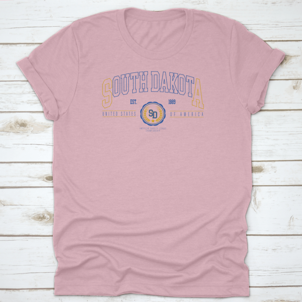 Vintage Retro Varsity South Dakota State Slogan Print shirt made of 100% cotton, featuring a classic fit and stylish design.