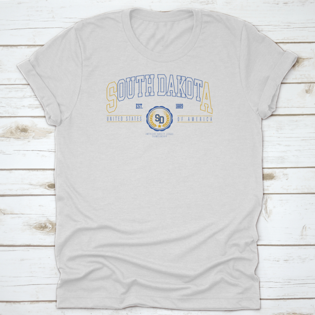Vintage Retro Varsity South Dakota State Slogan Print shirt made of 100% cotton, featuring a classic fit and stylish design.