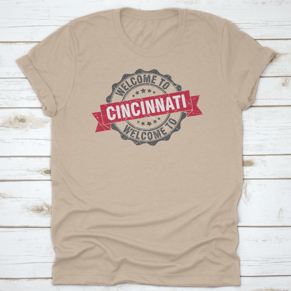Vintage round stamp design featuring red ribbon text 'Welcome To Cincinnati', showcasing a classic and stylish look.
