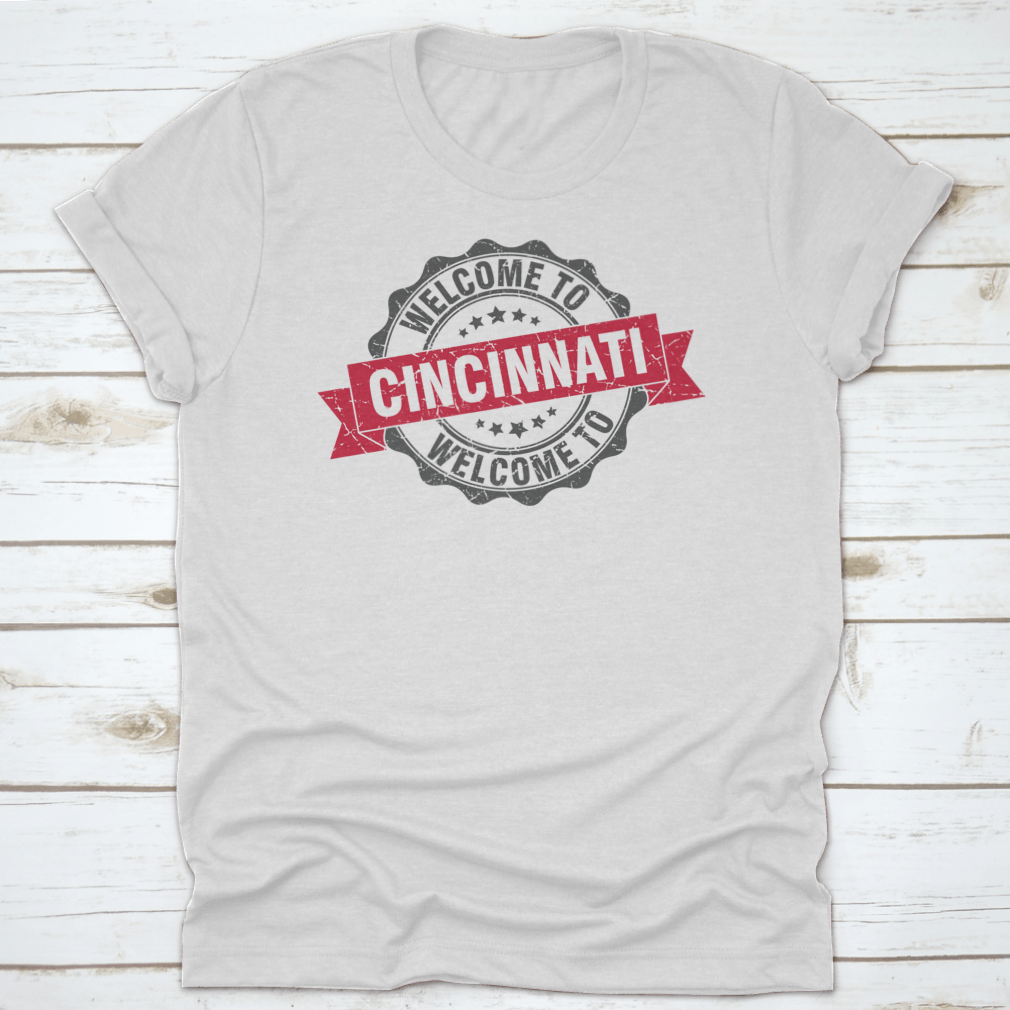 Vintage round stamp design featuring red ribbon text 'Welcome To Cincinnati', showcasing a classic and stylish look.