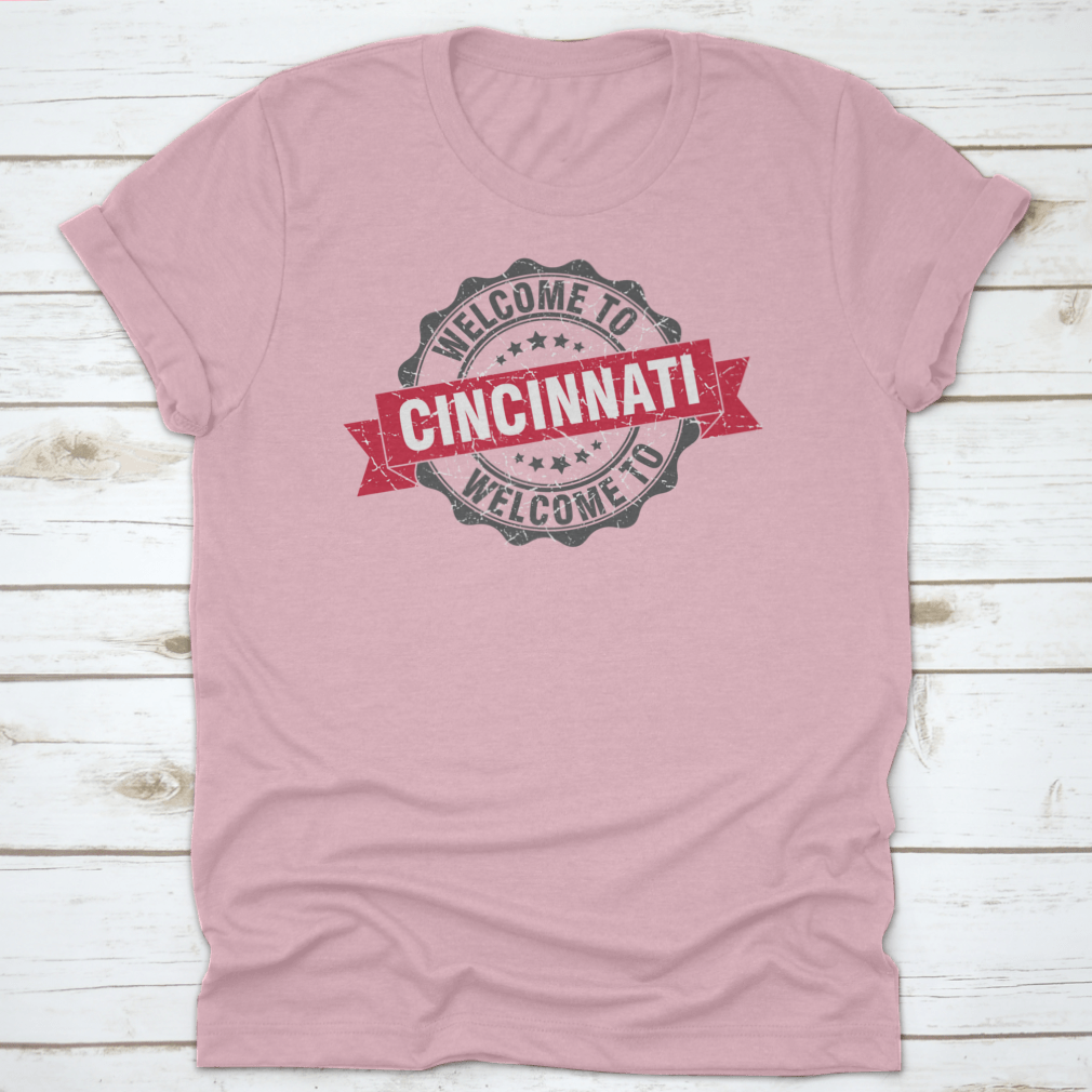 Vintage round stamp design featuring red ribbon text 'Welcome To Cincinnati', showcasing a classic and stylish look.