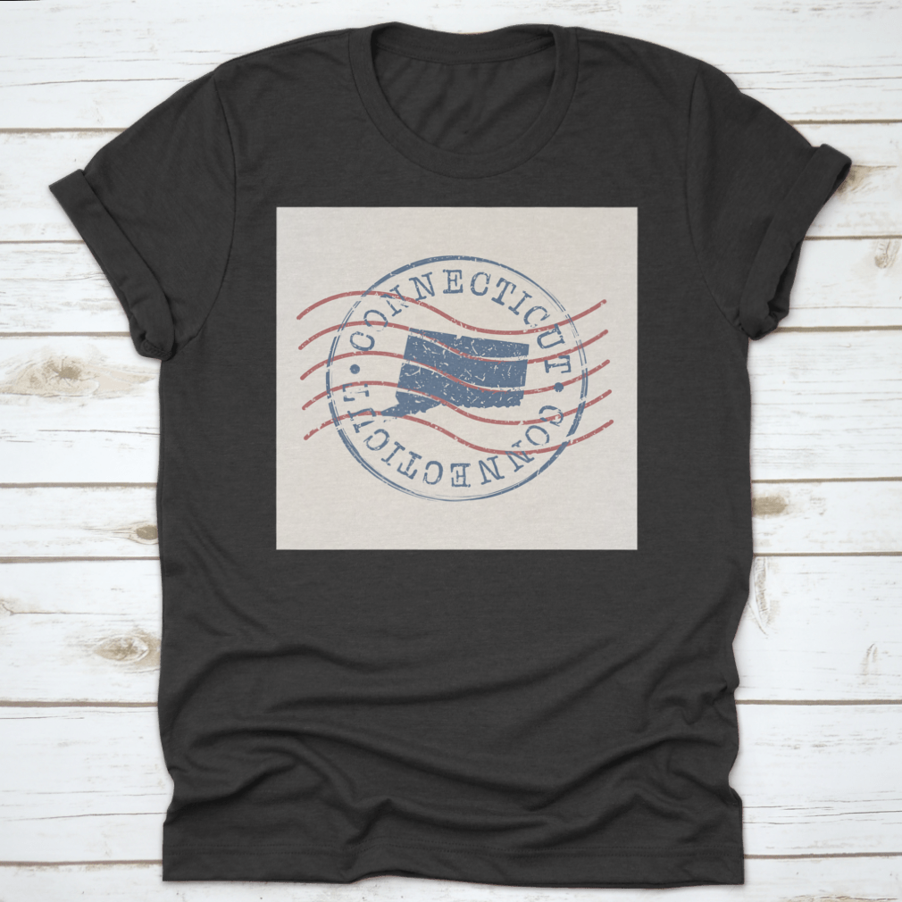 Vintage silhouette design of the map of Connecticut USA on a retro postal-themed shirt, showcasing a unique and stylish graphic.
