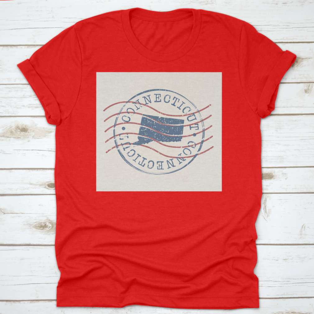 Vintage silhouette design of the map of Connecticut USA on a retro postal-themed shirt, showcasing a unique and stylish graphic.