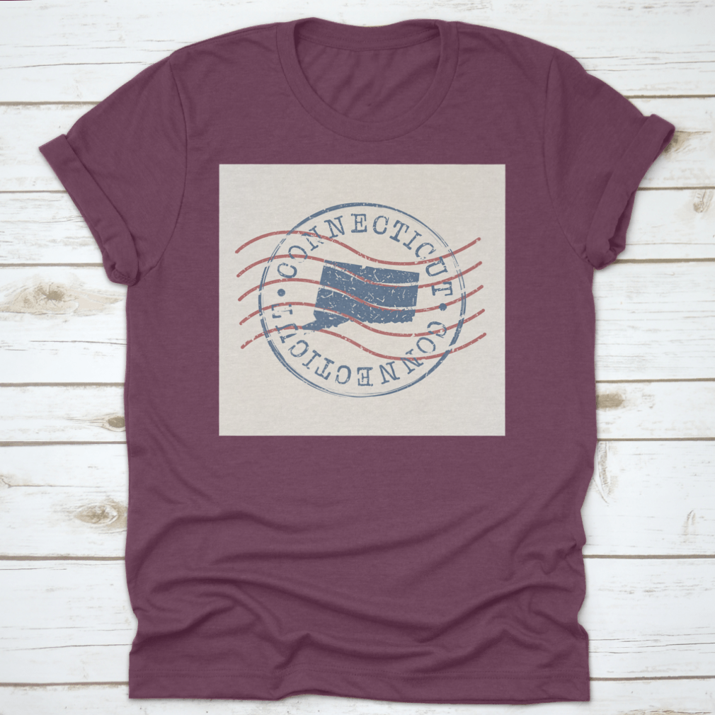 Vintage silhouette design of the map of Connecticut USA on a retro postal-themed shirt, showcasing a unique and stylish graphic.