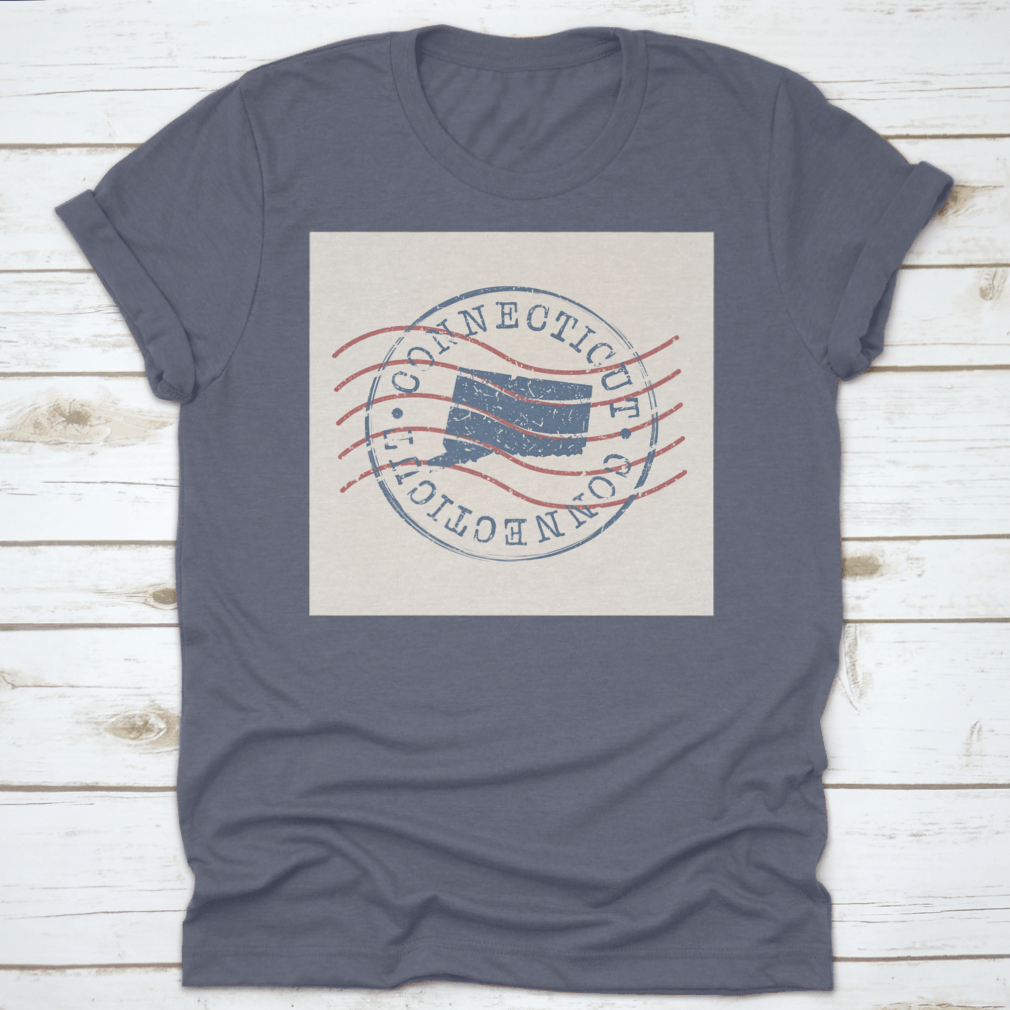 Vintage silhouette design of the map of Connecticut USA on a retro postal-themed shirt, showcasing a unique and stylish graphic.