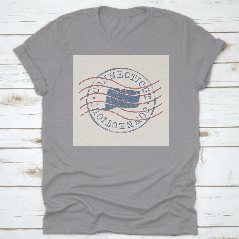 Vintage silhouette design of the map of Connecticut USA on a retro postal-themed shirt, showcasing a unique and stylish graphic.
