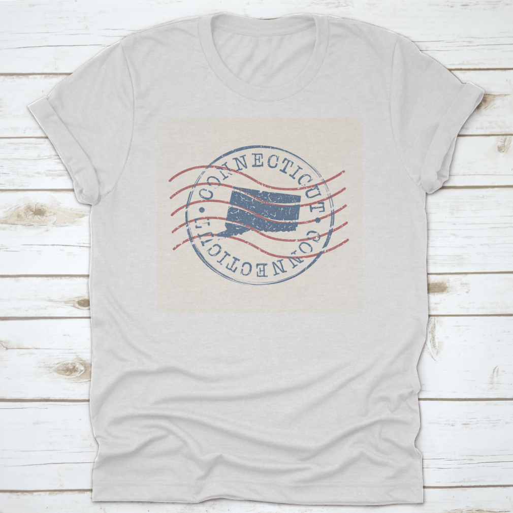 Vintage silhouette design of the map of Connecticut USA on a retro postal-themed shirt, showcasing a unique and stylish graphic.