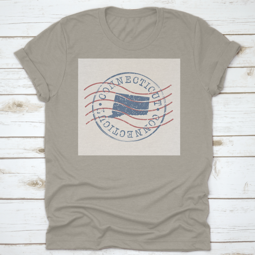 Vintage silhouette design of the map of Connecticut USA on a retro postal-themed shirt, showcasing a unique and stylish graphic.